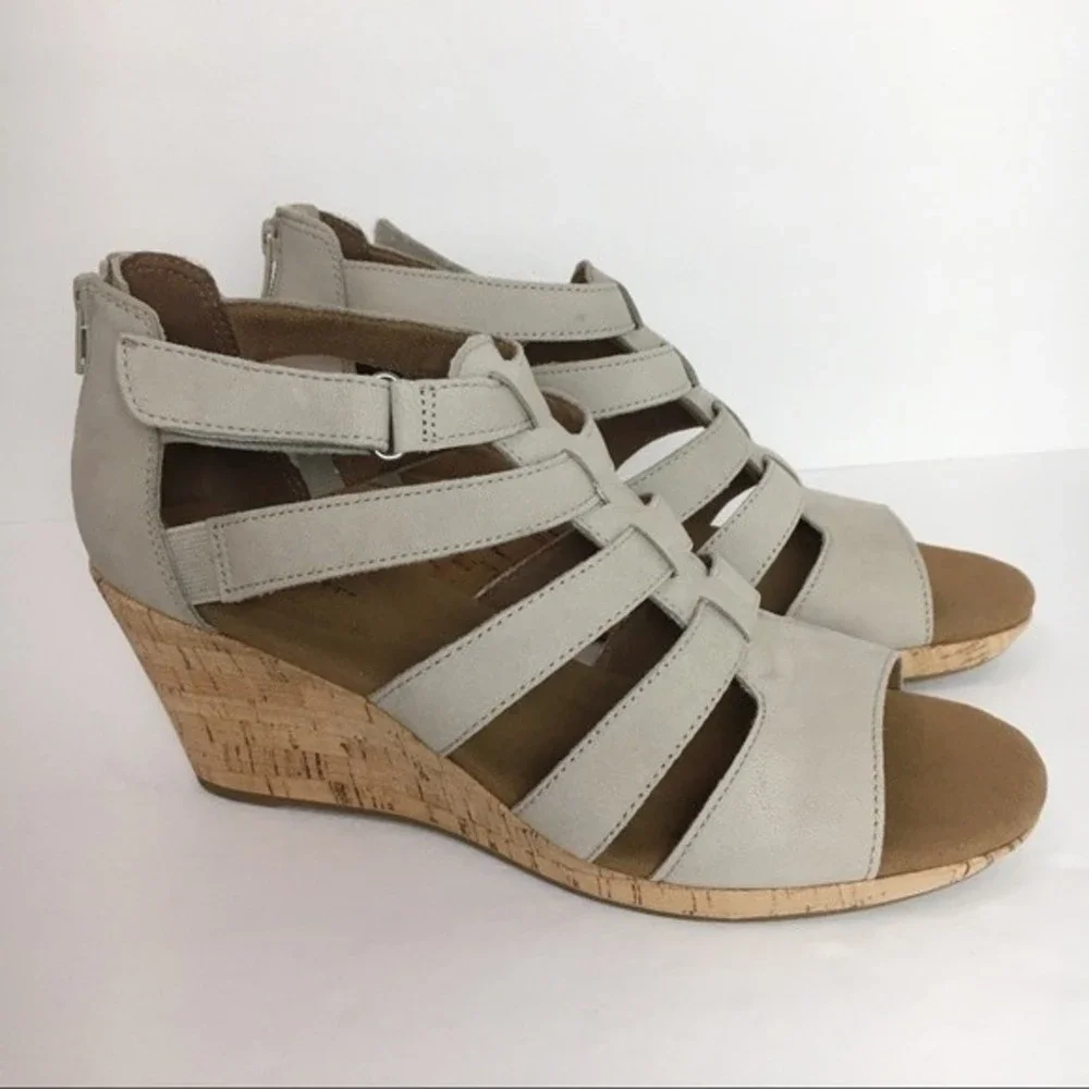 Rockport Womens Size 10 Briah Taupe Leather‎ Gladiator Wedges Sandals Shoes
